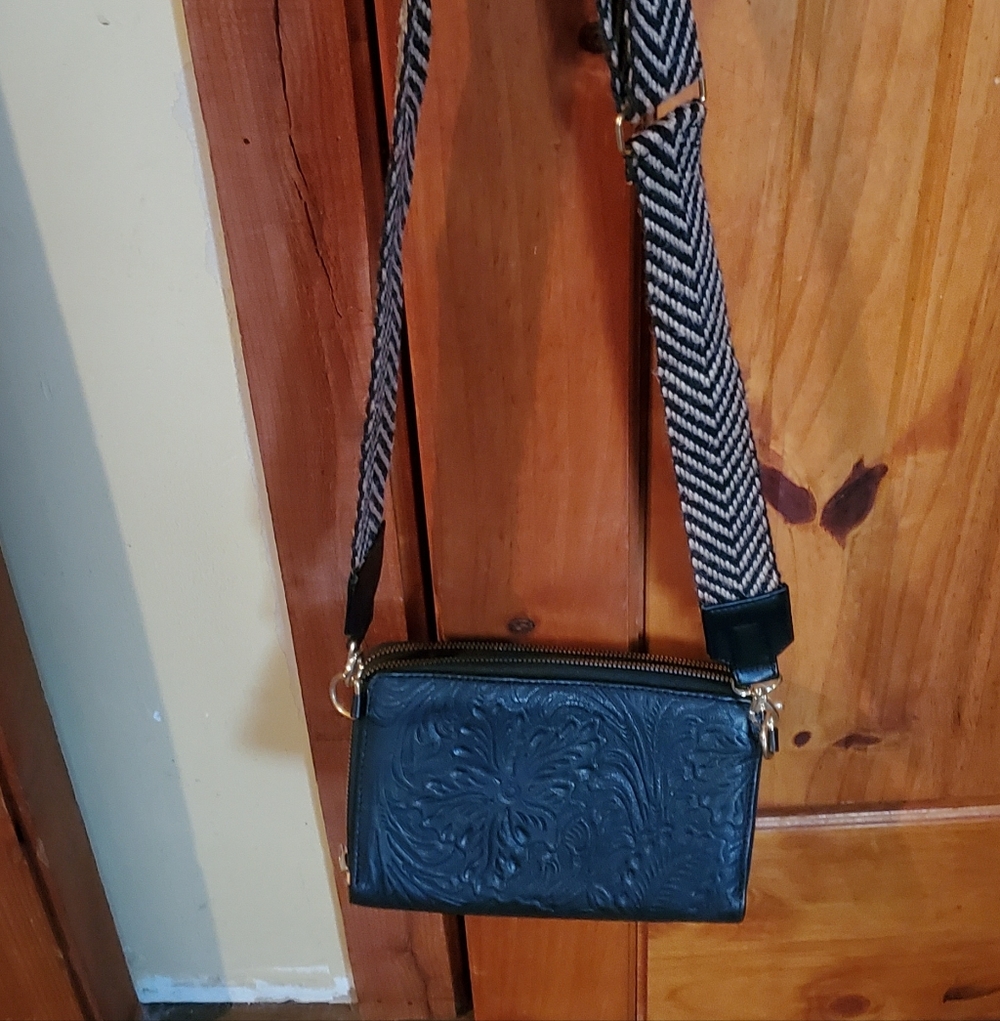 Hand Tooled Leather Black Cross Body Handbag NWOT